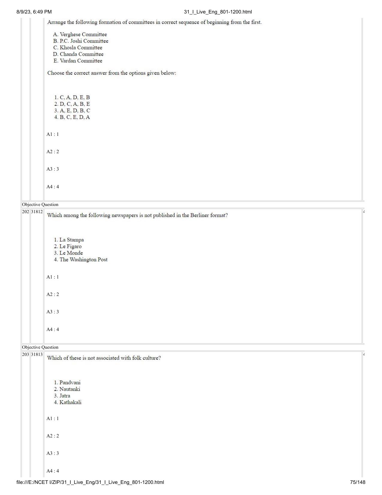NCET 2023 Question Paper (English Q 801-1200) - Page 75