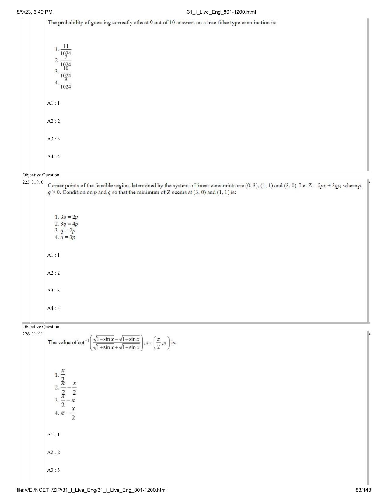 NCET 2023 Question Paper (English Q 801-1200) - Page 83