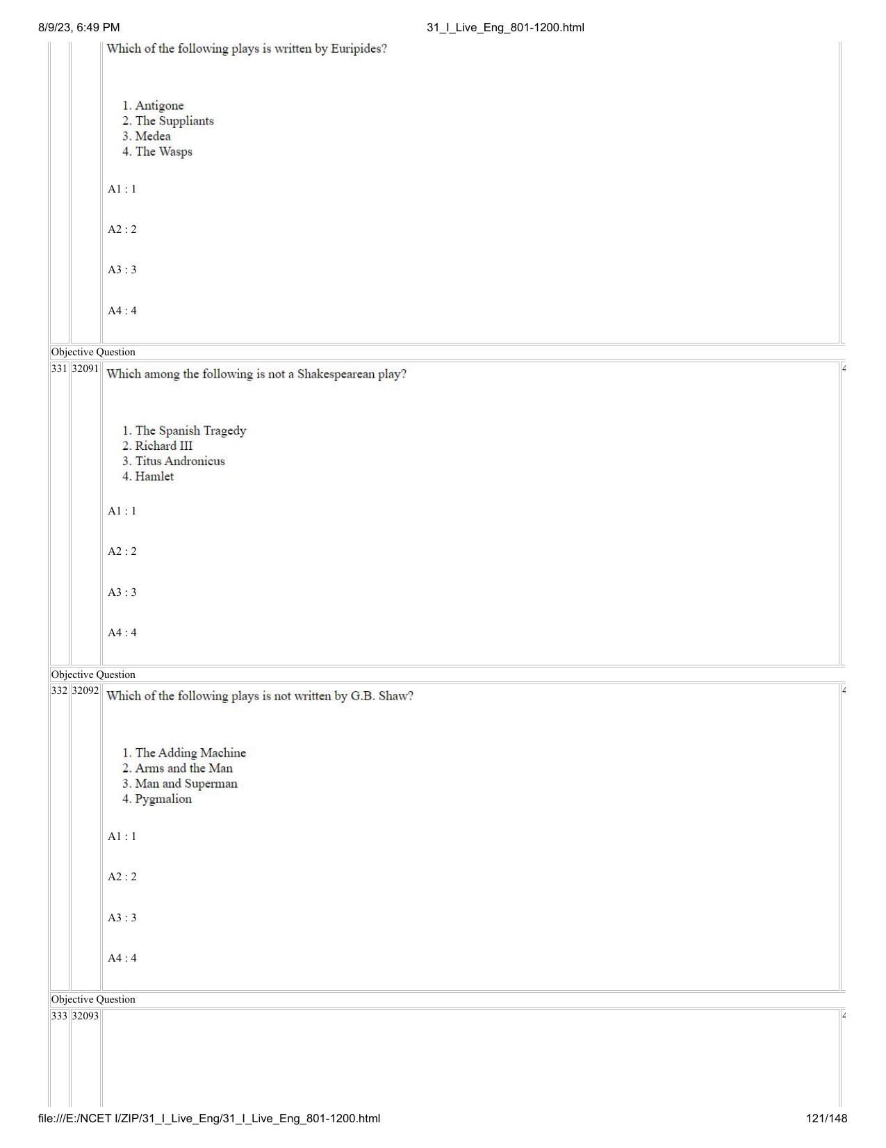 NCET 2023 Question Paper (English Q 801-1200) - Page 121