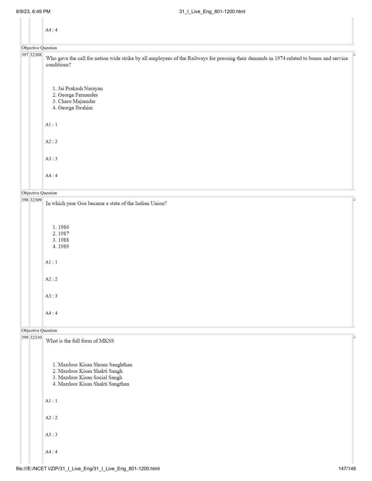 NCET 2023 Question Paper (English Q 801-1200) - Page 147
