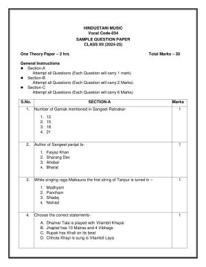 CBSE Class 12 Hindustani Music (Vocal) Sample Question Paper 2024-25