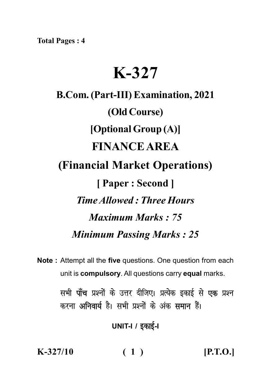 Sarguja University Question Paper - 2022 :   B.Com. Part Three (10+2+3) 3 Y DC (Old Course ) (II) Financial Market Operations Paper II - Page 1