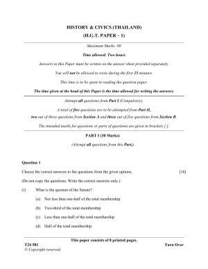 ICSE Class 10 History & Civics (Thailand) 2024 Question Paper