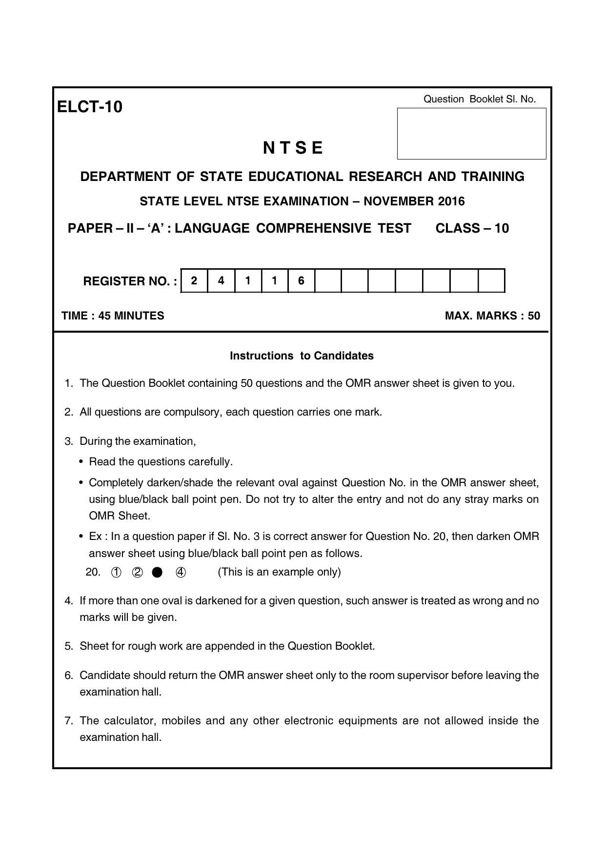 Karnataka NTSE 2016 LCT Question Paper - Page 1