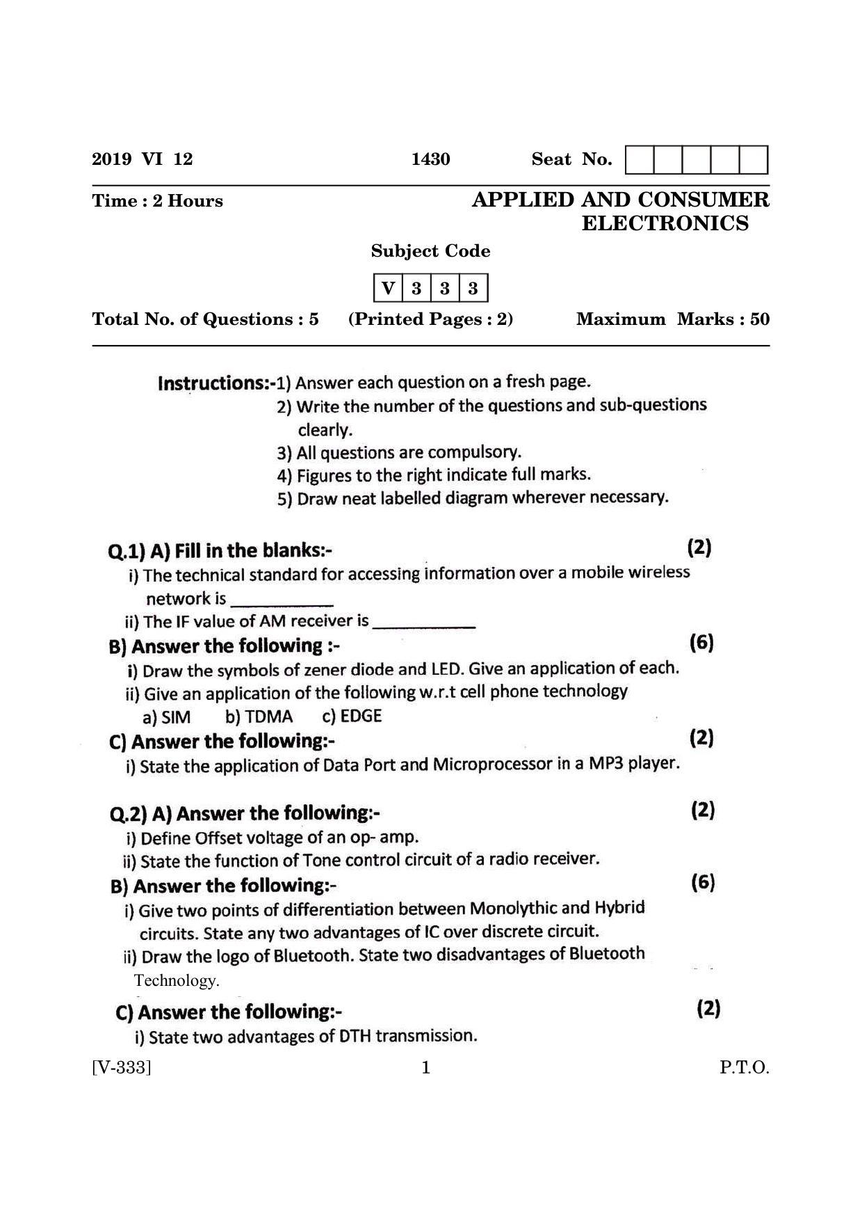 Goa Board Class 12 Applied and Consumer Electronics 2019 (June 2019) Question Paper - Page 1