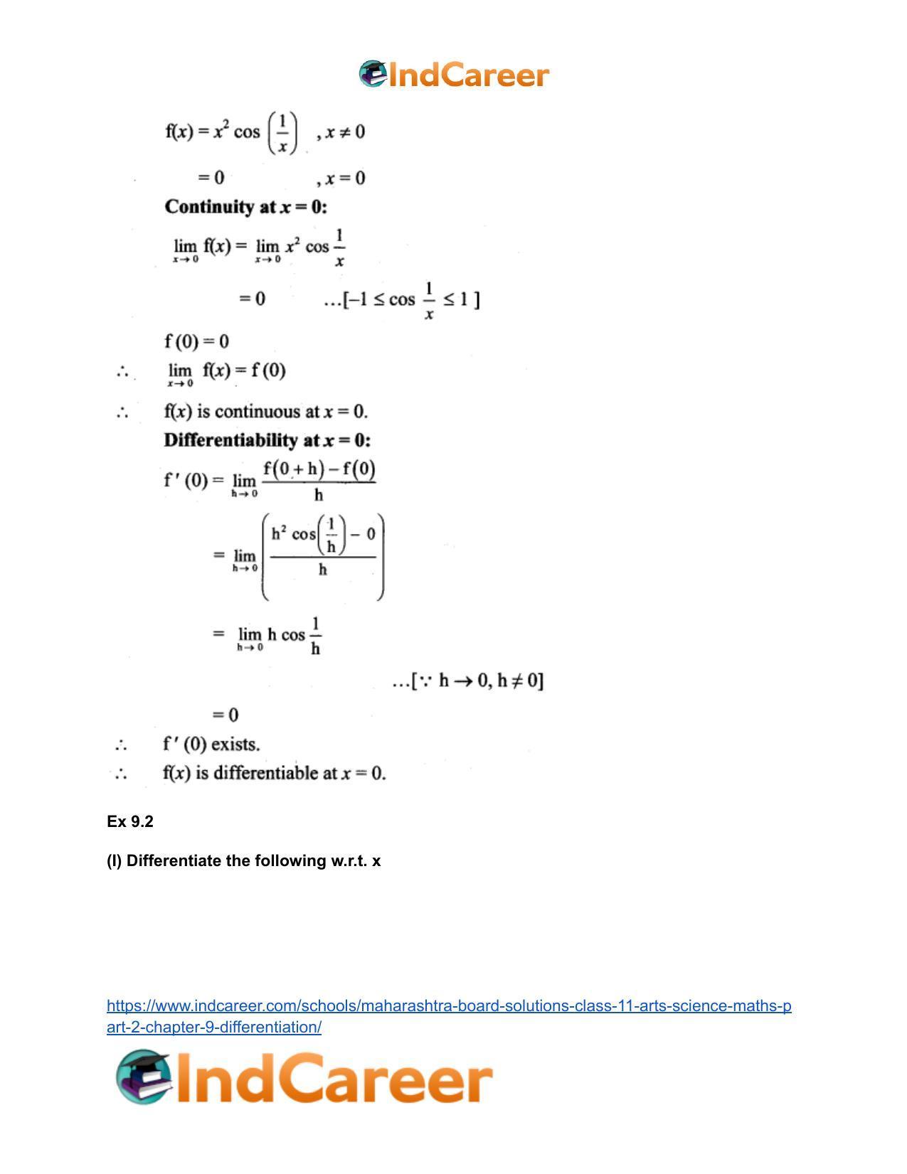 Maharashtra Board Solutions Class 11-Arts & Science Maths (Part 2): Chapter 9- Differentiation - Page 30
