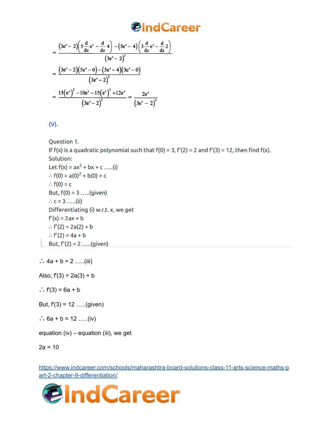 Maharashtra Board Solutions Class 11-Arts & Science Maths (Part 2): Chapter 9- Differentiation - Page 52