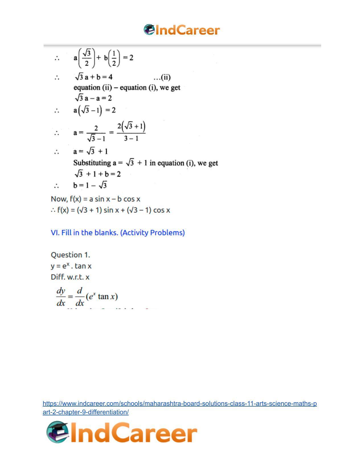 Maharashtra Board Solutions Class 11-Arts & Science Maths (Part 2): Chapter 9- Differentiation - Page 55