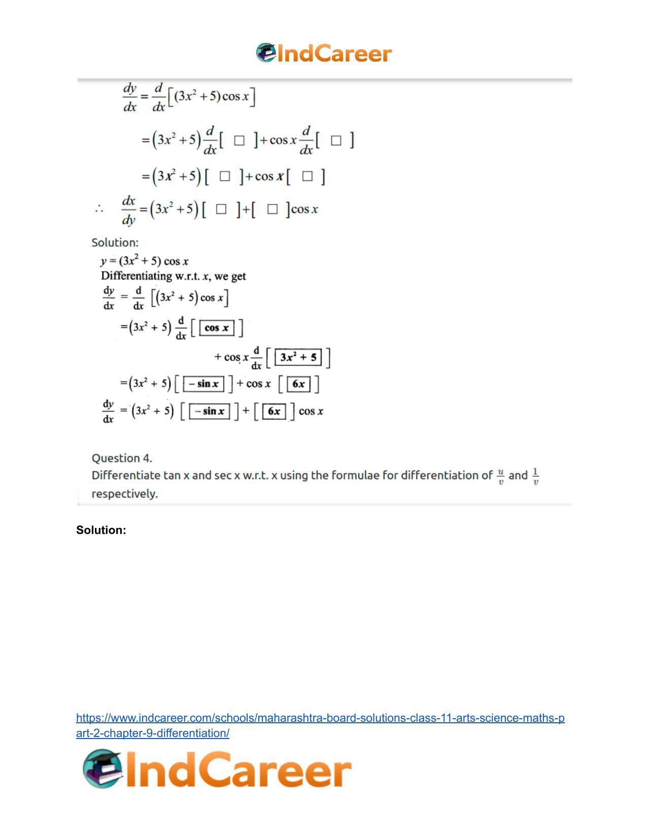 Maharashtra Board Solutions Class 11-Arts & Science Maths (Part 2): Chapter 9- Differentiation - Page 58