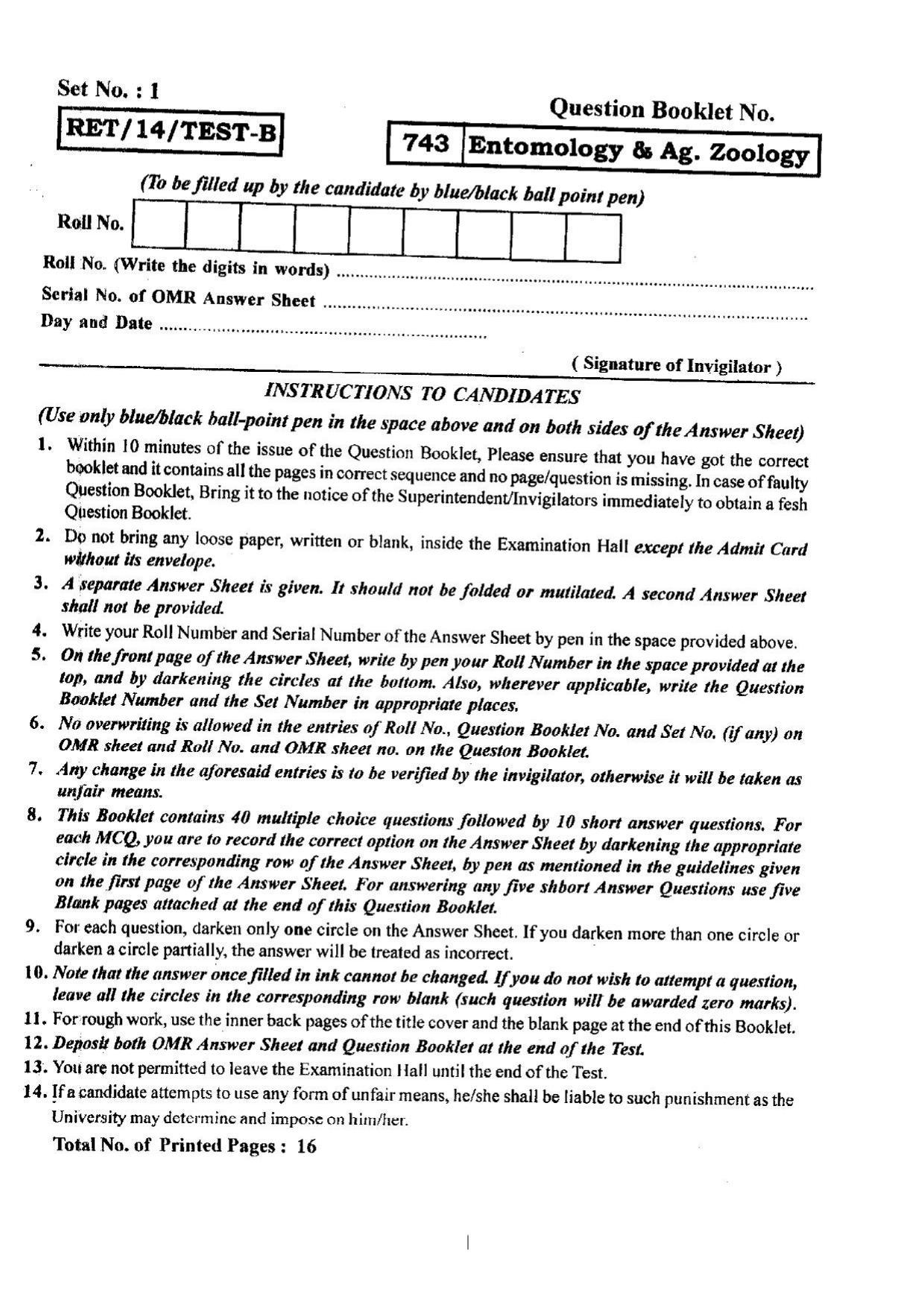 BHU RET Entomology & Ag. Zoology 2014 Question Paper - Page 1