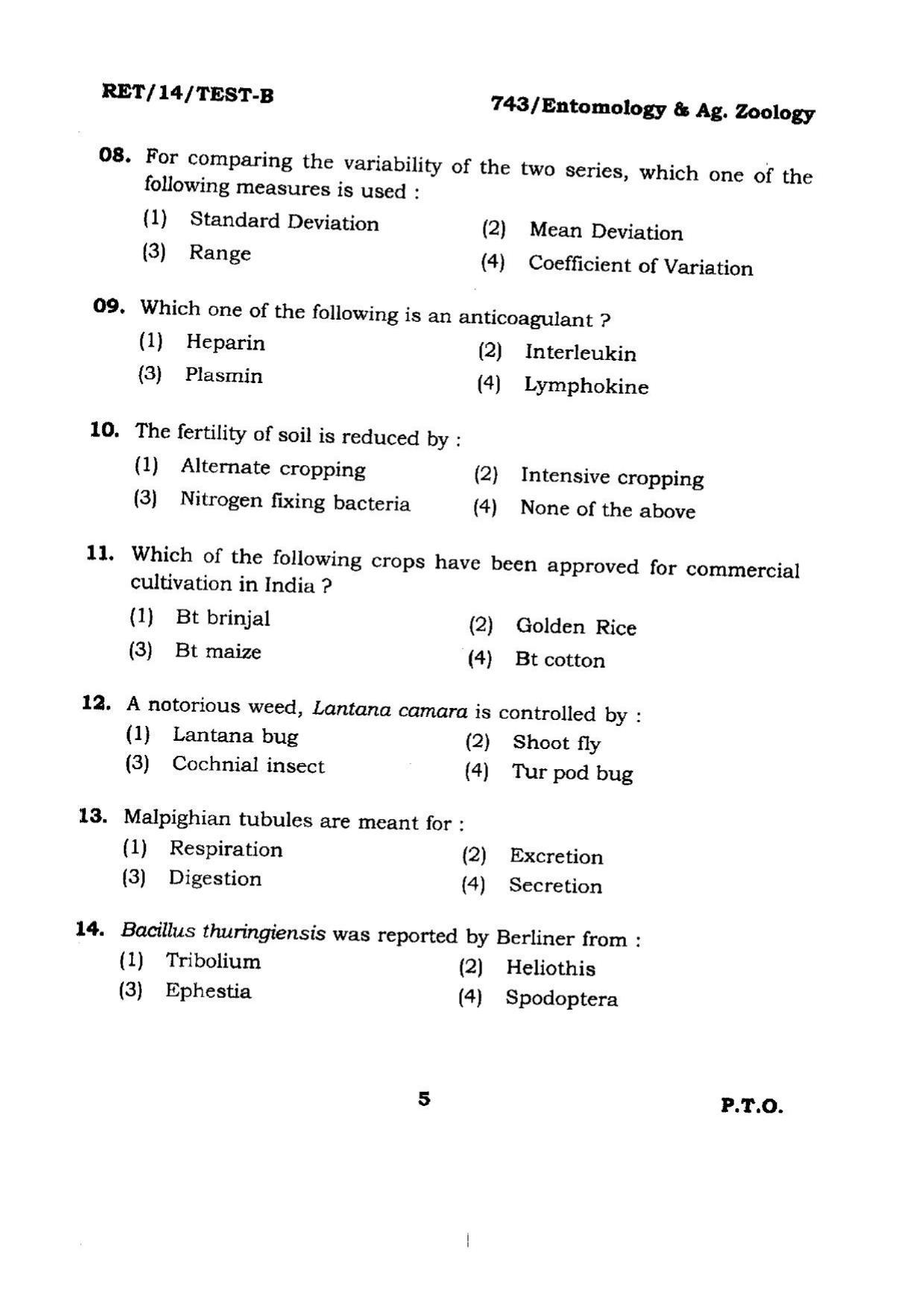 BHU RET Entomology & Ag. Zoology 2014 Question Paper - Page 5
