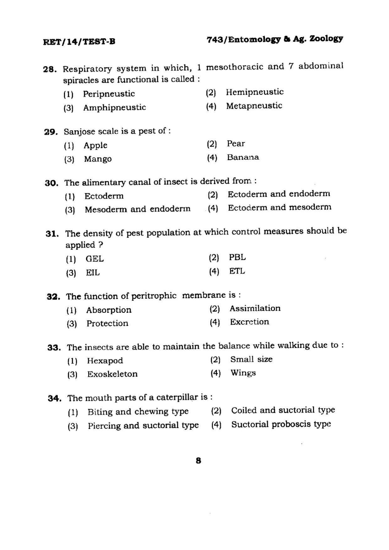 BHU RET Entomology & Ag. Zoology 2014 Question Paper - Page 8