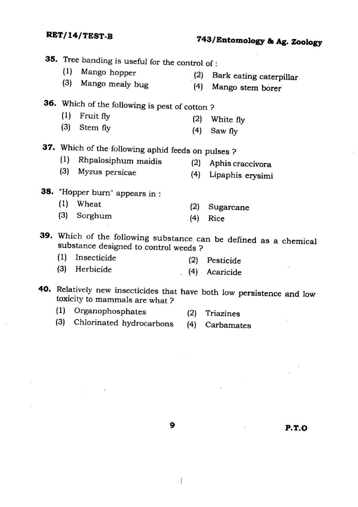 BHU RET Entomology & Ag. Zoology 2014 Question Paper - Page 9