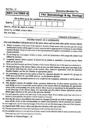 BHU RET Entomology & Ag. Zoology 2014 Question Paper