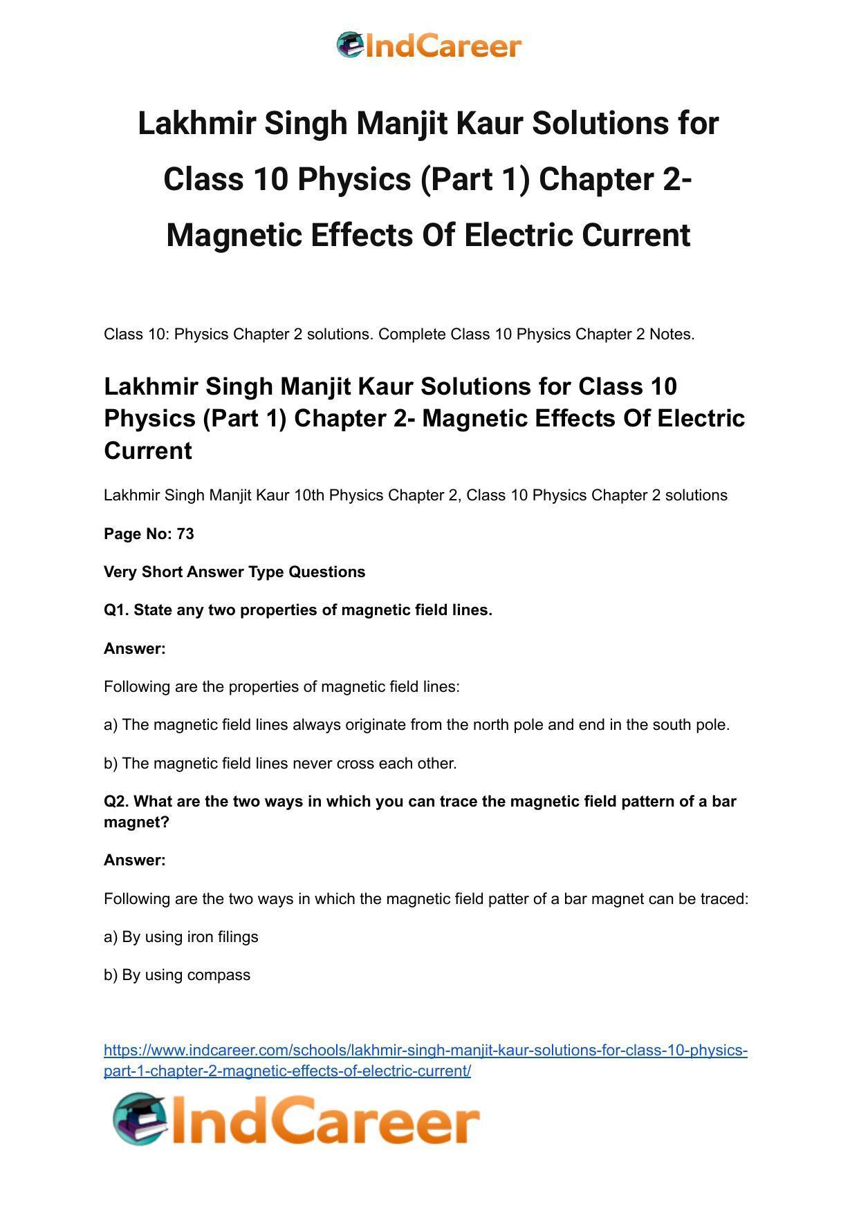 Lakhmir Singh Manjit Kaur Solutions for Class 10 Physics (Part 1) Chapter 2- Magnetic Effects Of Electric Current - Page 2