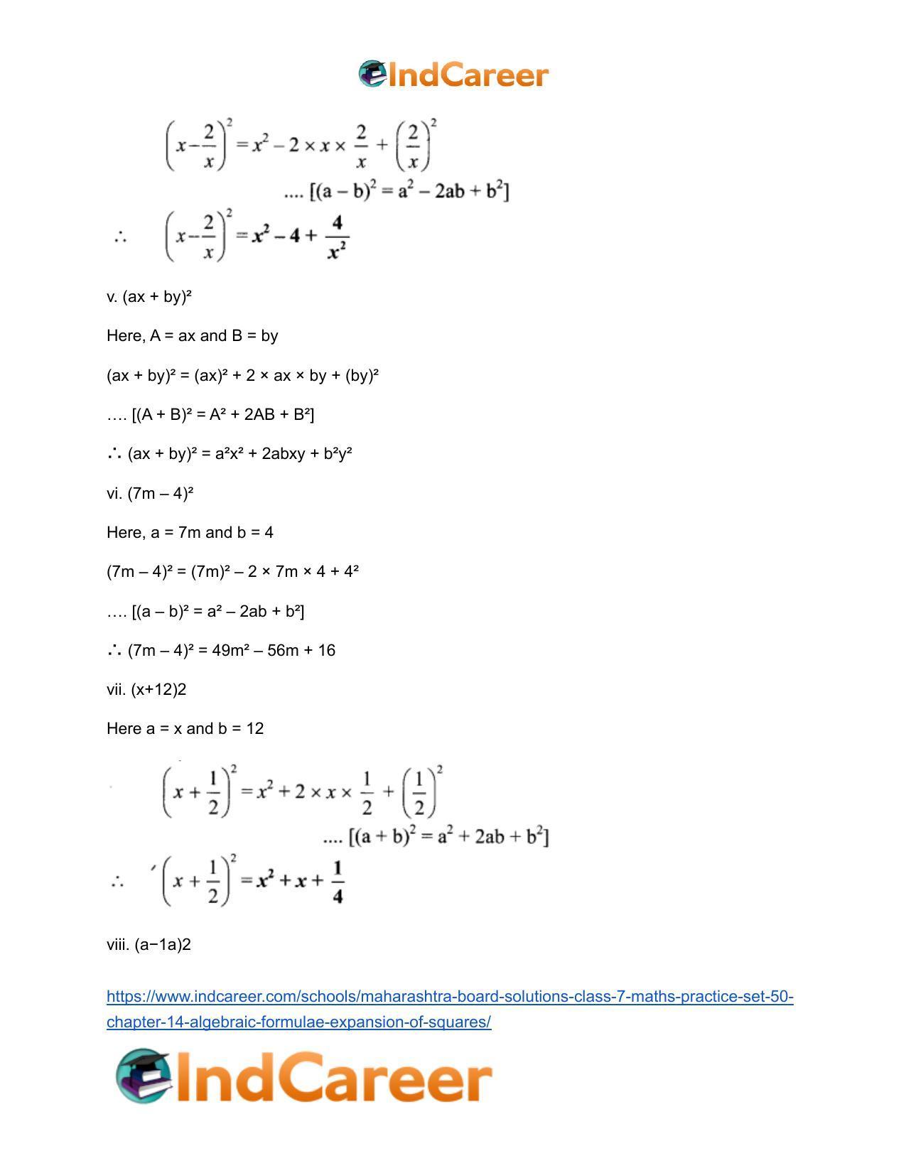 Maharashtra Board Solutions Class 7-Maths (Practice Set 50): Chapter 14- Algebraic Formulae - Expansion of Squares - Page 4