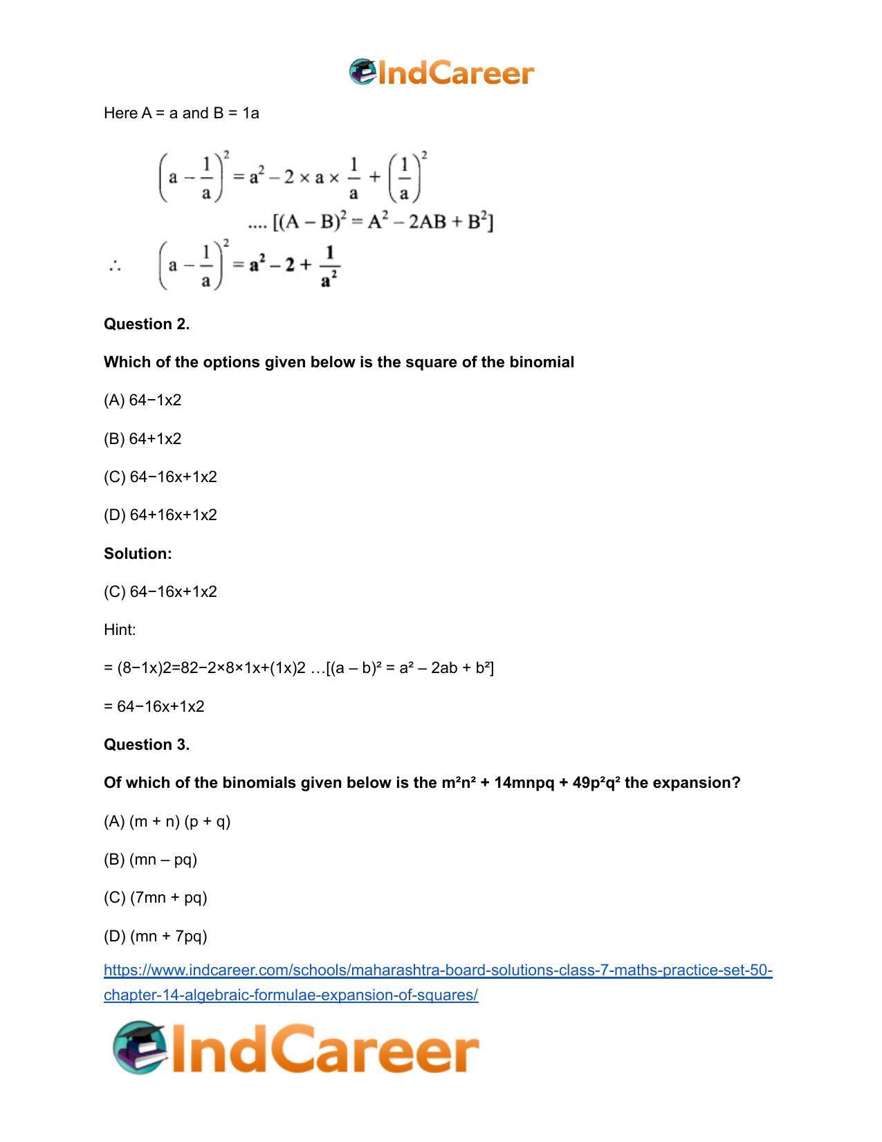 Maharashtra Board Solutions Class 7-Maths (Practice Set 50): Chapter 14- Algebraic Formulae - Expansion of Squares - Page 5