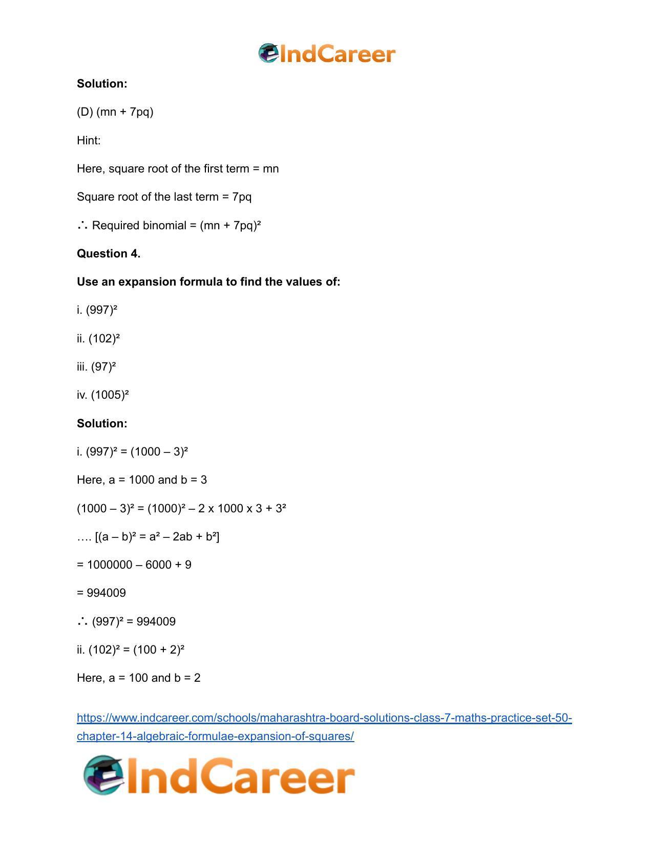 Maharashtra Board Solutions Class 7-Maths (Practice Set 50): Chapter 14- Algebraic Formulae - Expansion of Squares - Page 6