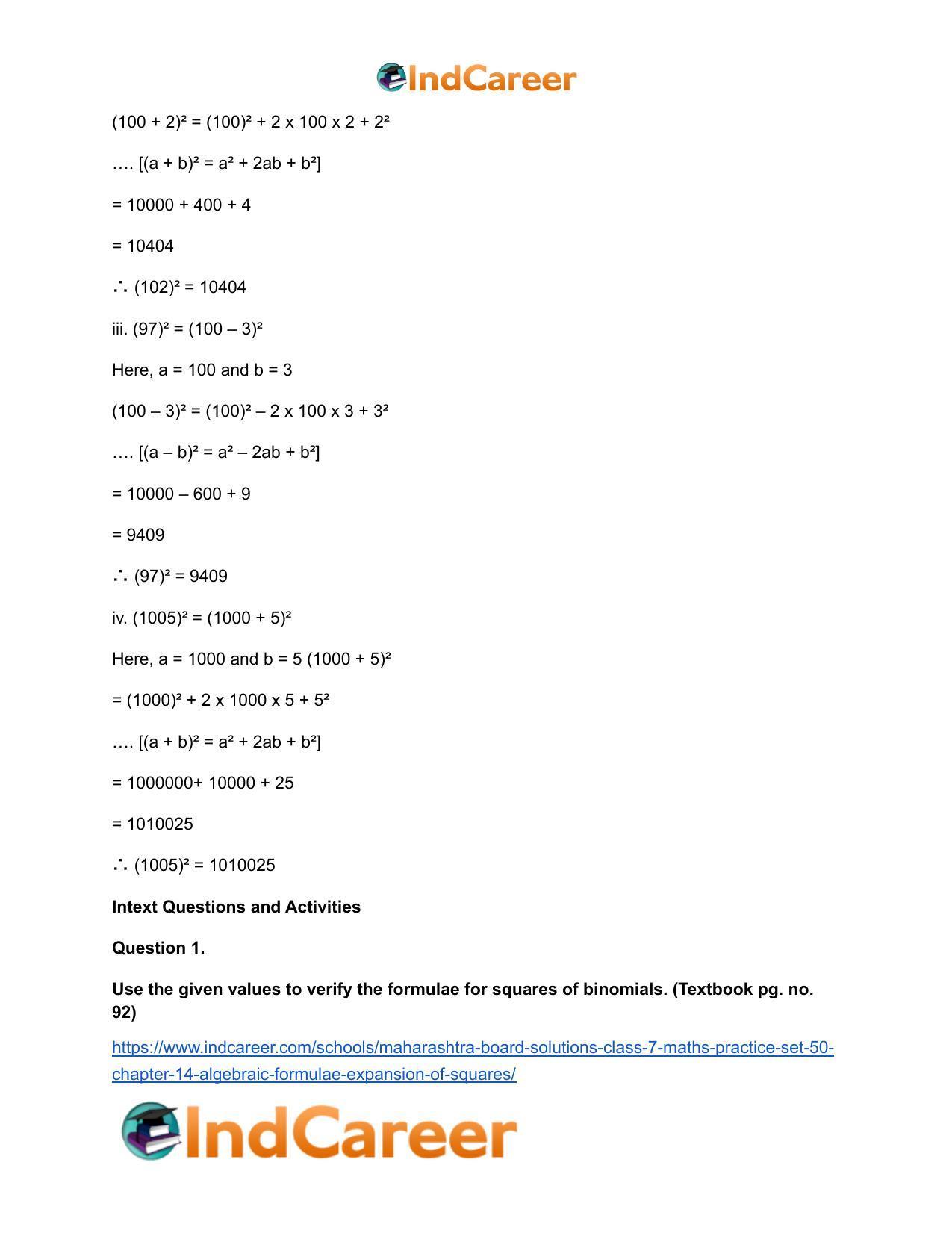 Maharashtra Board Solutions Class 7-Maths (Practice Set 50): Chapter 14- Algebraic Formulae - Expansion of Squares - Page 7