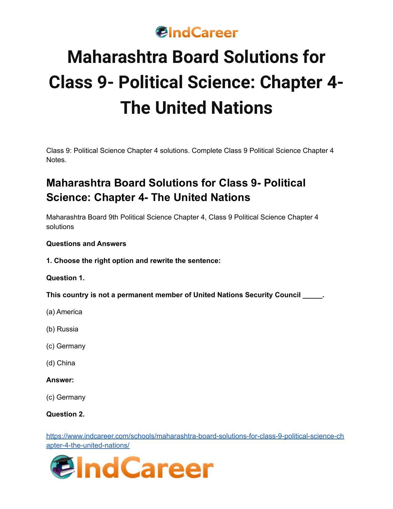 Maharashtra Board Solutions for Class 9- Political Science: Chapter 4- The United Nations - Page 2