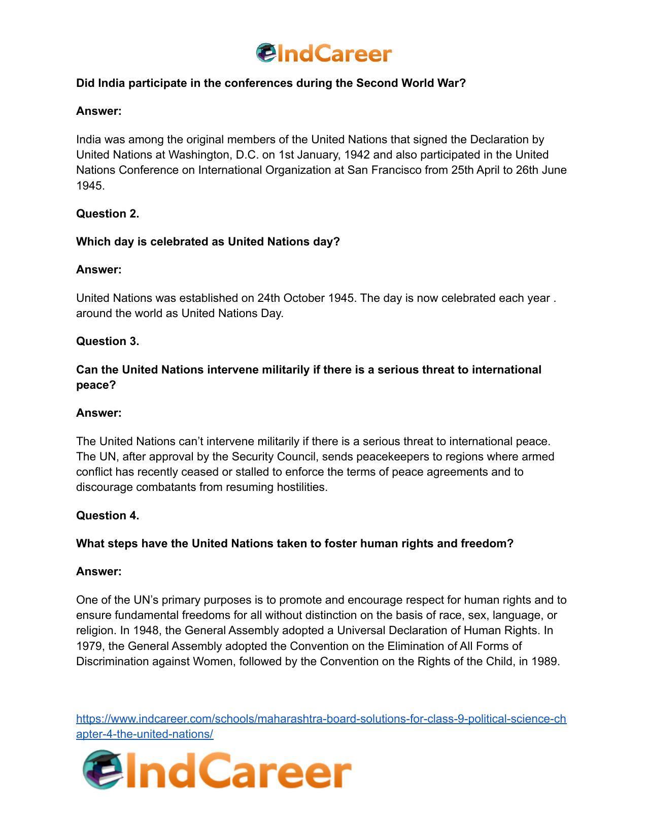 Maharashtra Board Solutions for Class 9- Political Science: Chapter 4- The United Nations - Page 11