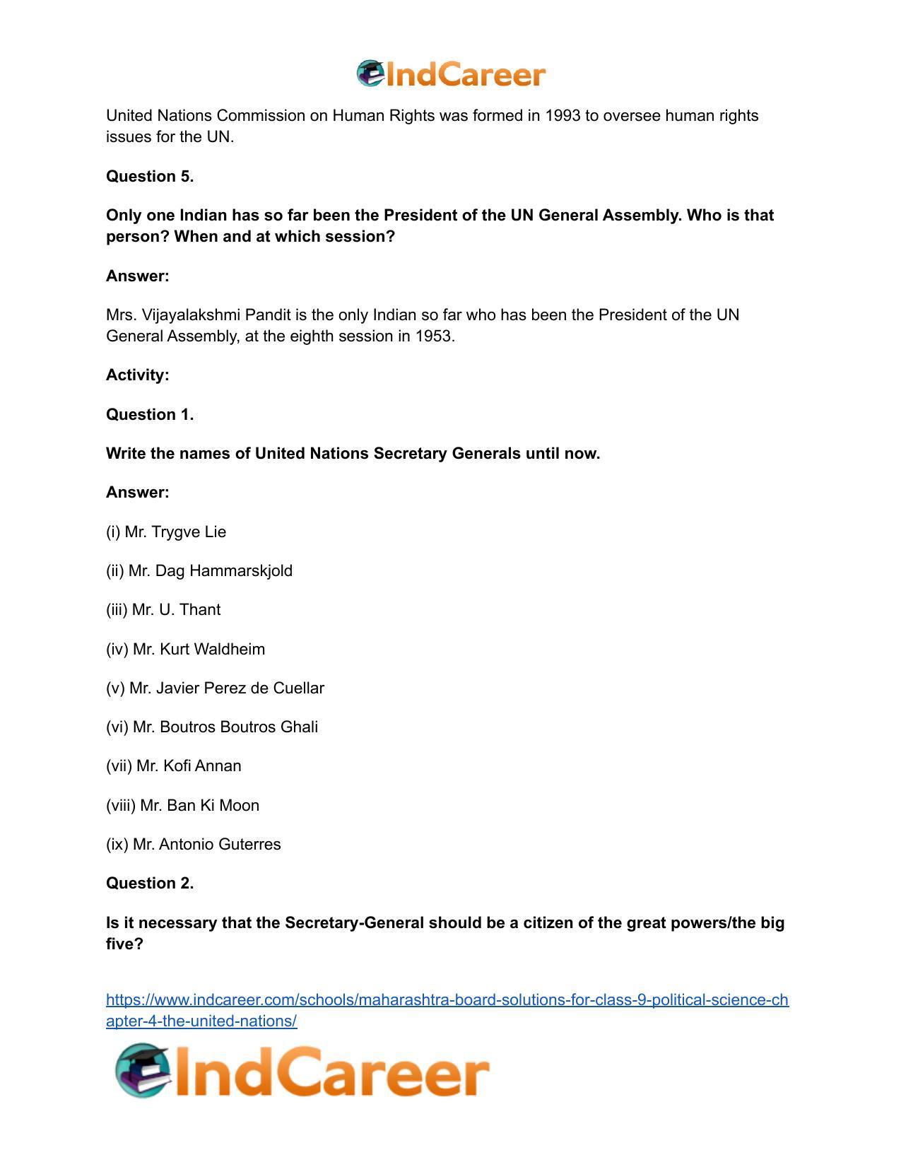 Maharashtra Board Solutions for Class 9- Political Science: Chapter 4- The United Nations - Page 12