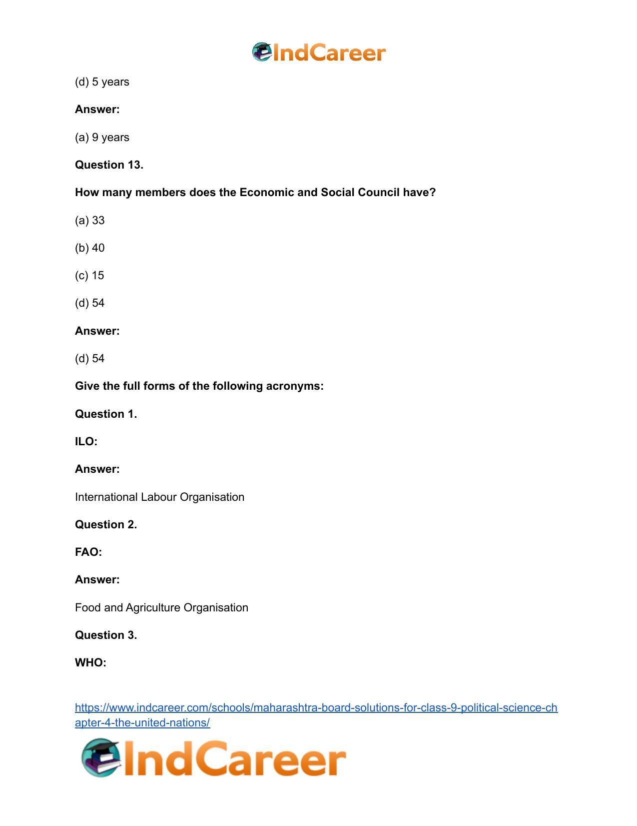 Maharashtra Board Solutions for Class 9- Political Science: Chapter 4- The United Nations - Page 18