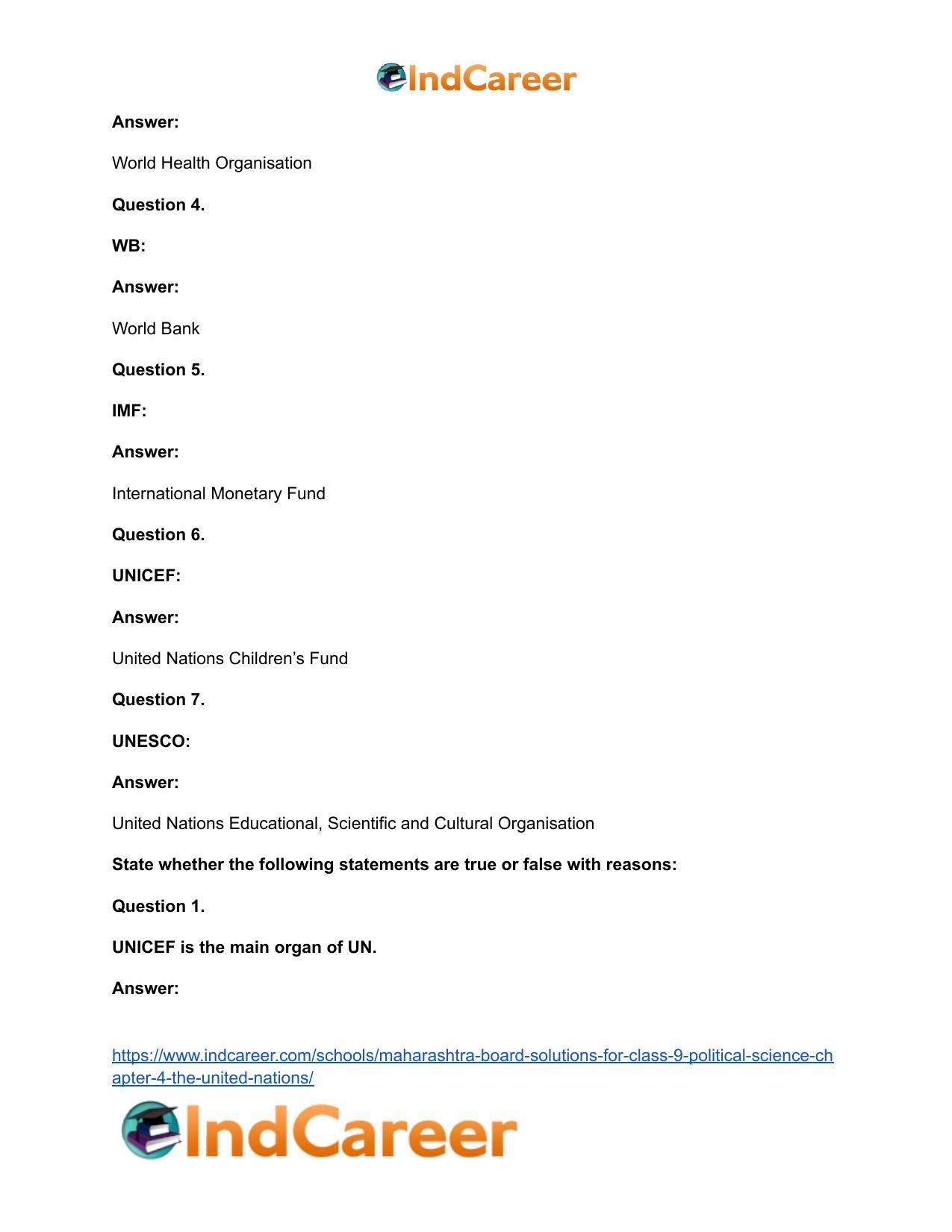 Maharashtra Board Solutions for Class 9- Political Science: Chapter 4- The United Nations - Page 19