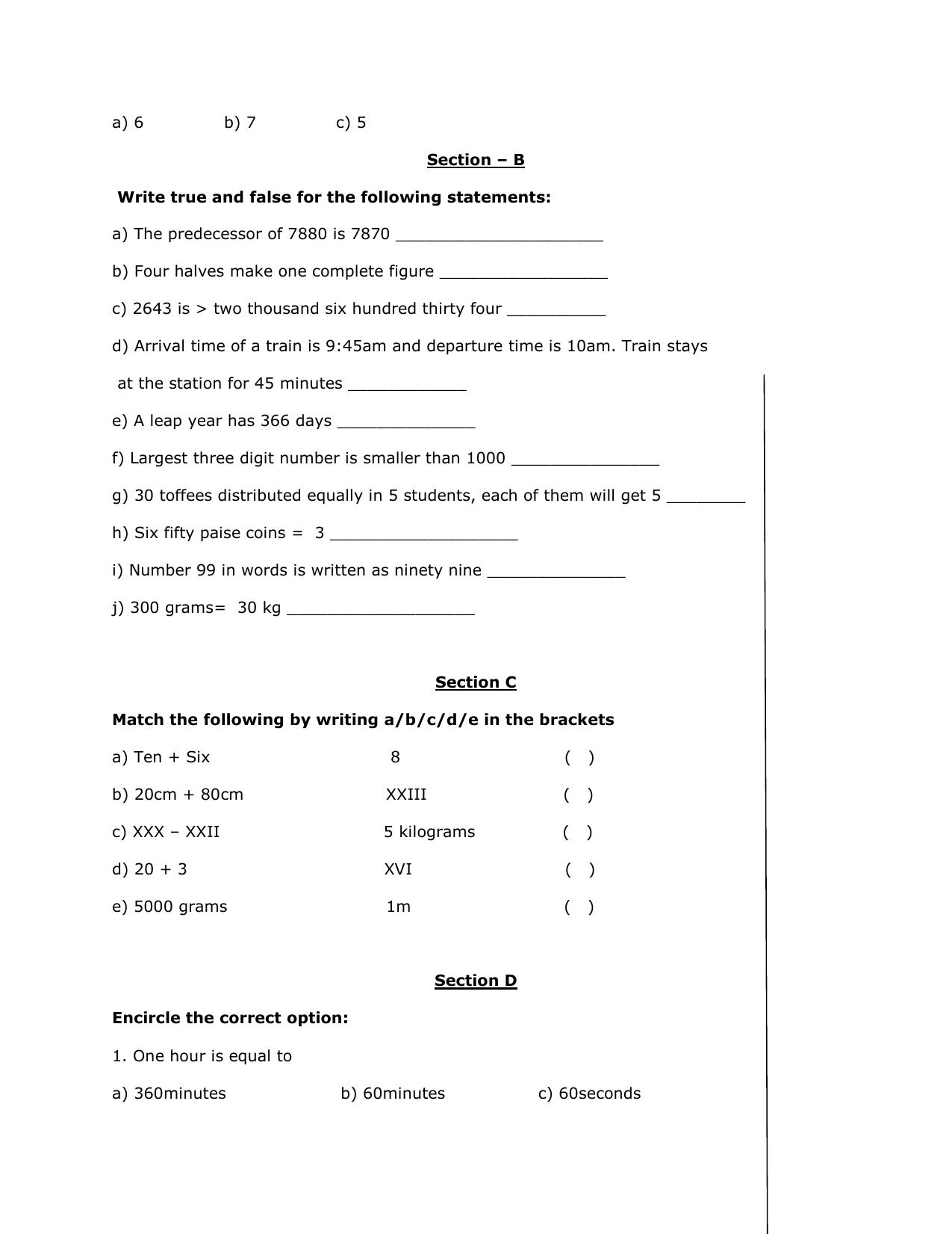 Worksheet for Class 3 Mathematics Practice Test Assignment 13 - Page 3