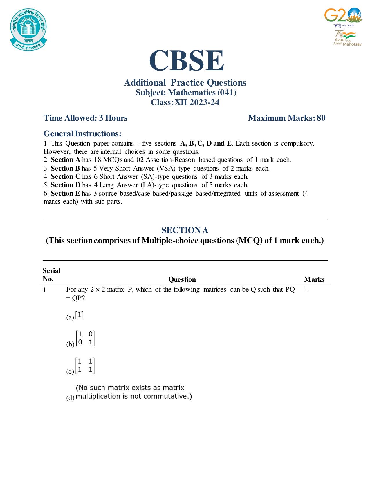 CBSE Class 12 Mathematics SET 1 Practice Questions 2023-24  - Page 1