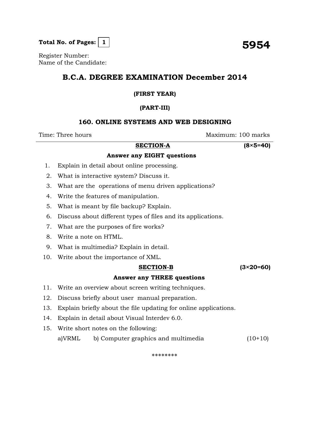 Annamalai University Online Systems & Web Designing B.C.A. (OUS) December 2014 Question Papers - Page 1
