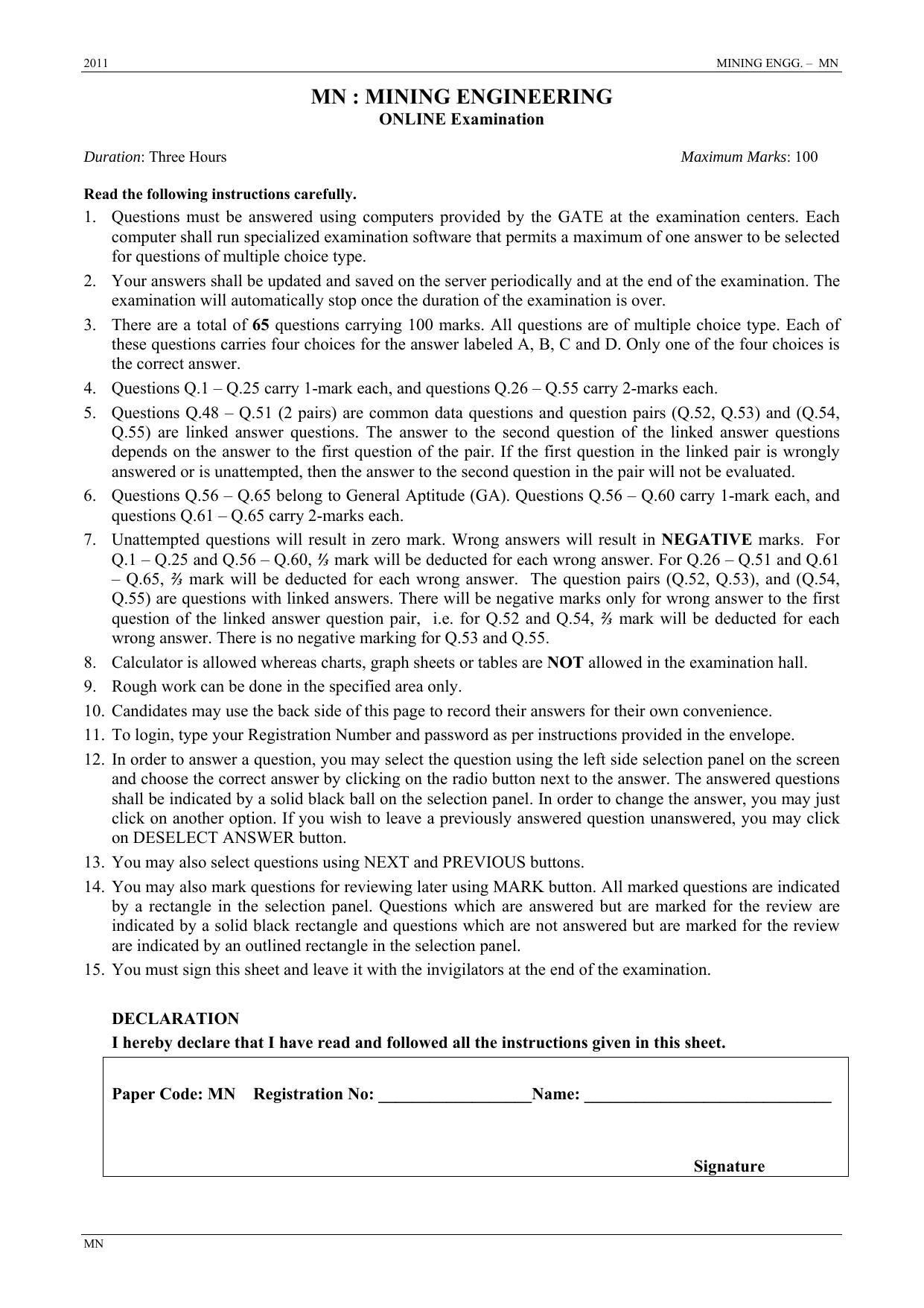 GATE 2011 Mining Engineering (MN) Question Paper with Answer Key - Page 1