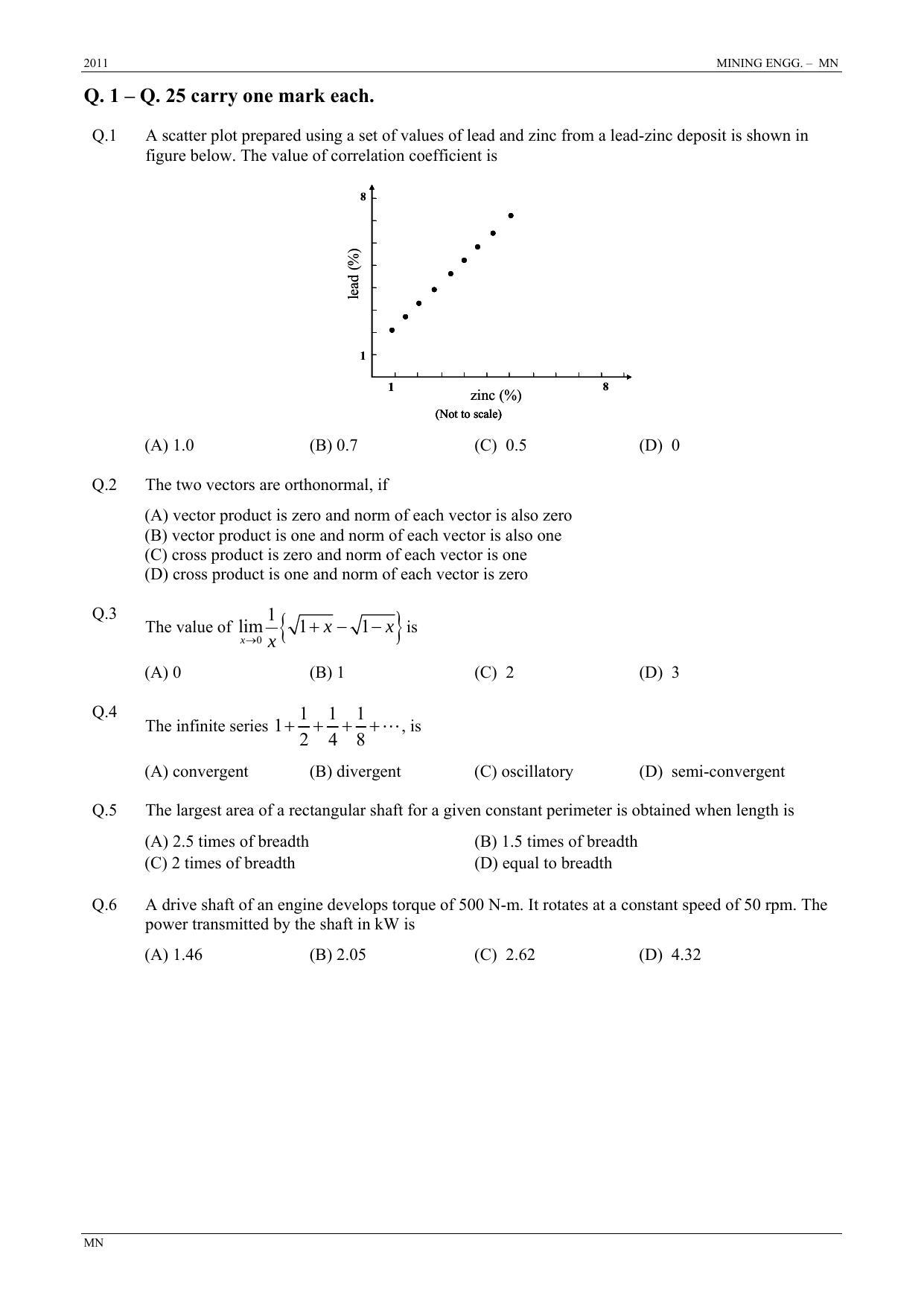 GATE 2011 Mining Engineering (MN) Question Paper with Answer Key - Page 2