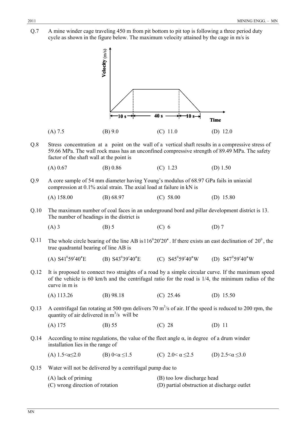 GATE 2011 Mining Engineering (MN) Question Paper with Answer Key - Page 3