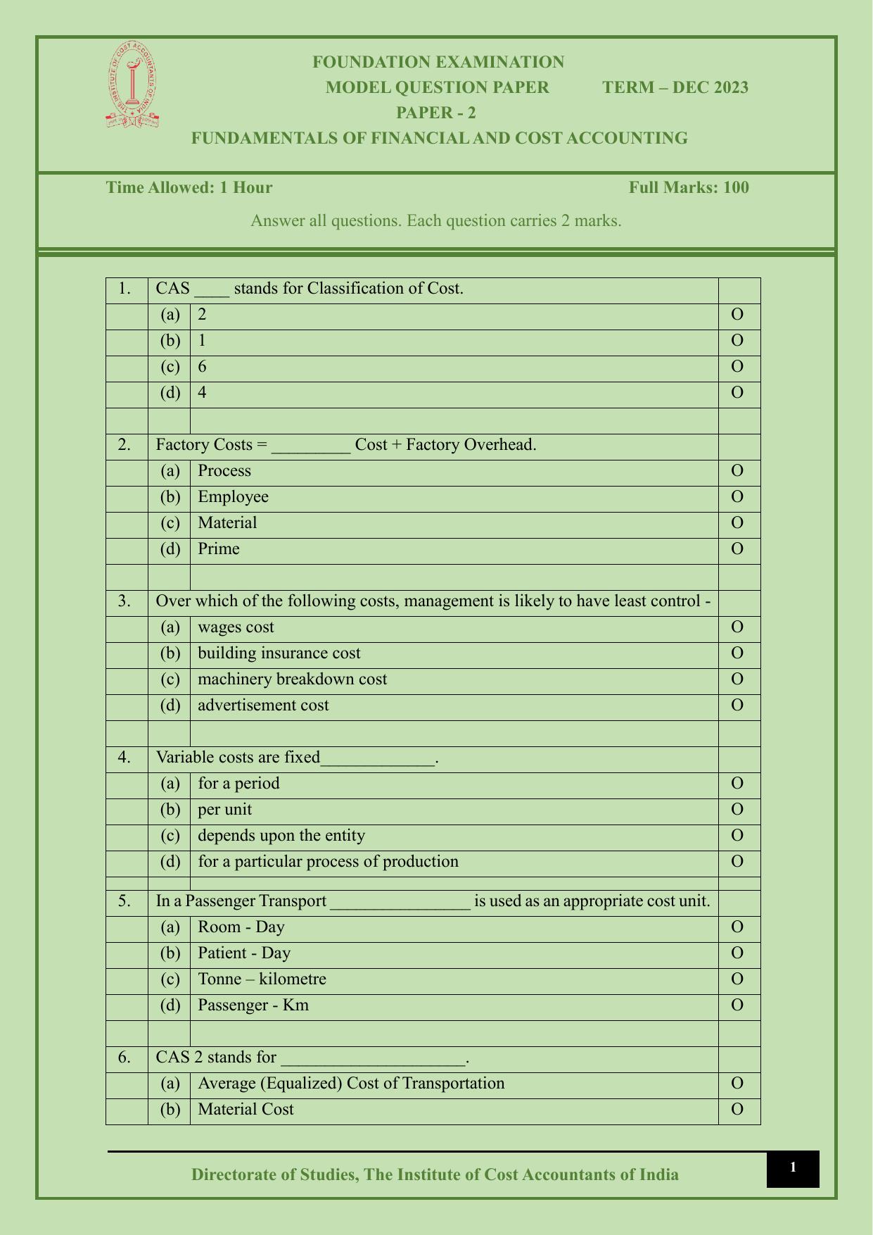 ICMAI Dec 2023 - Paper 2 – FUNDAMENTALS OF FINANCIAL AND COST ACCOUNTING - Answer Key - Page 1