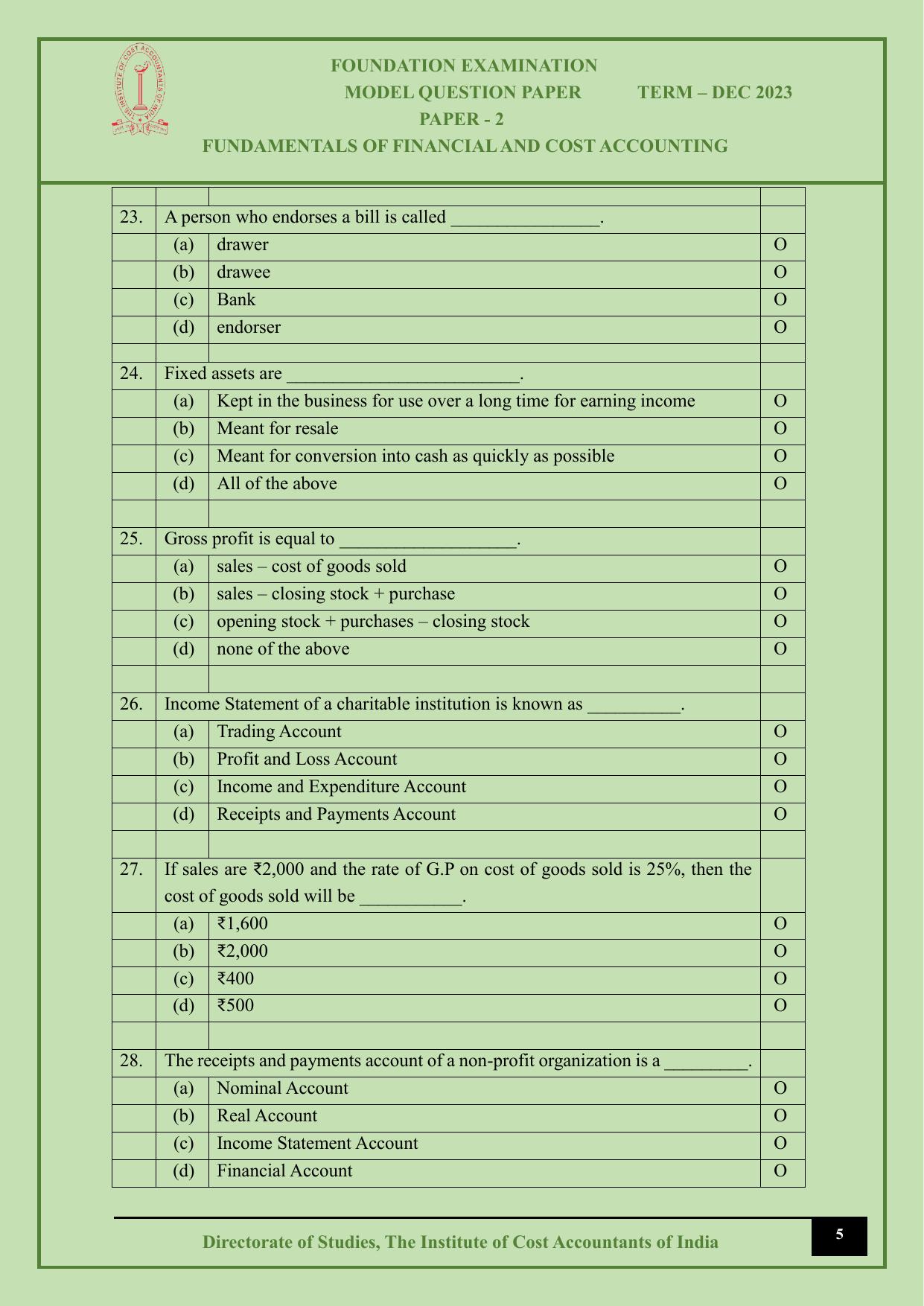 ICMAI Dec 2023 - Paper 2 – FUNDAMENTALS OF FINANCIAL AND COST ACCOUNTING - Answer Key - Page 5
