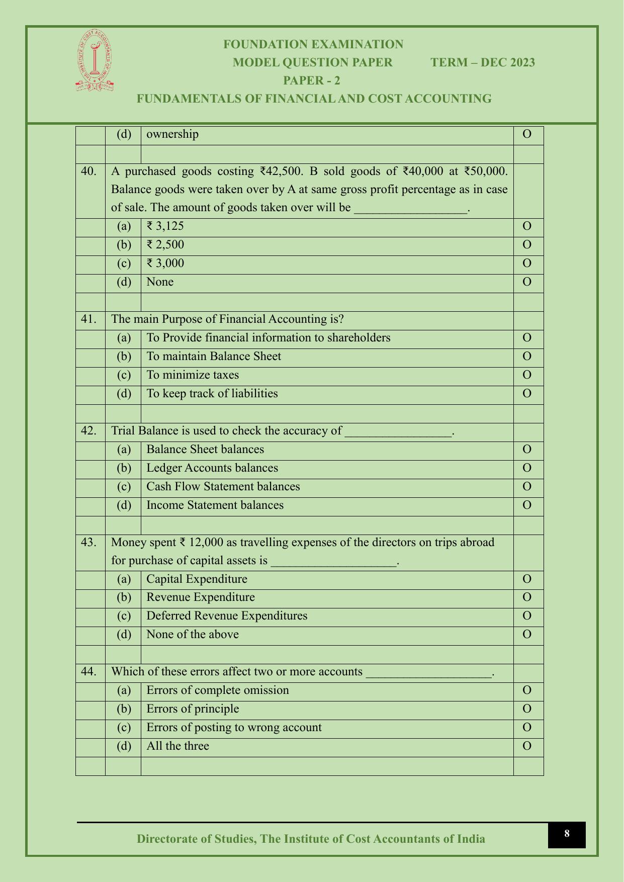 ICMAI Dec 2023 - Paper 2 – FUNDAMENTALS OF FINANCIAL AND COST ACCOUNTING - Answer Key - Page 8