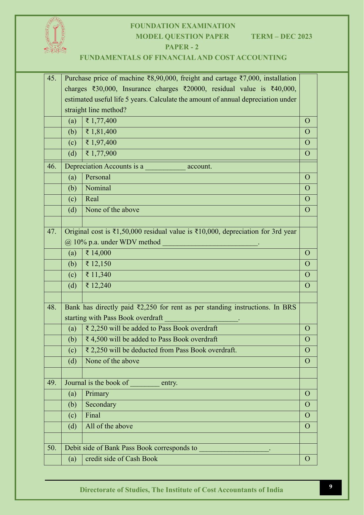 ICMAI Dec 2023 - Paper 2 – FUNDAMENTALS OF FINANCIAL AND COST ACCOUNTING - Answer Key - Page 9