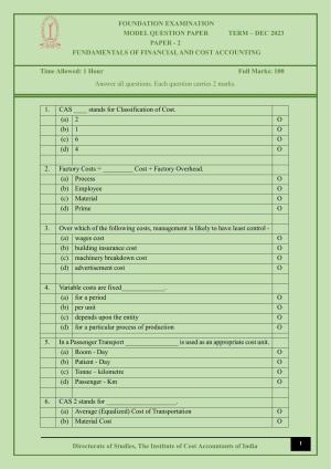 ICMAI Dec 2023 - Paper 2 – FUNDAMENTALS OF FINANCIAL AND COST ACCOUNTING - Answer Key