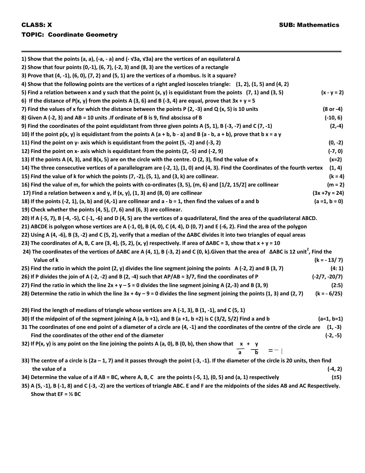 CBSE Worksheets for Class 10 Maths Coordinate Geometry Assignment 5 - Page 1