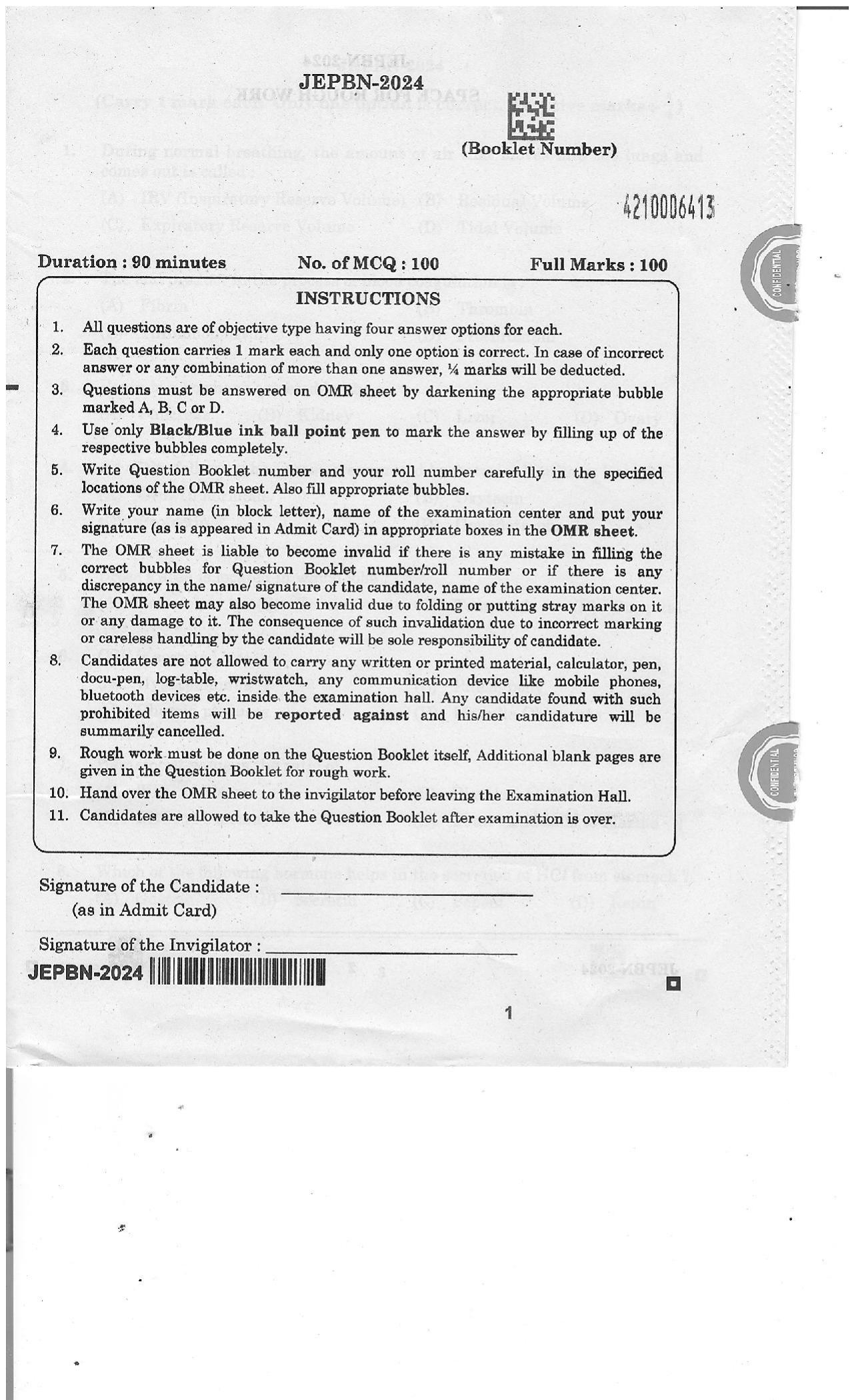 WBJEE JEPBN 2024 Question Paper - Page 1