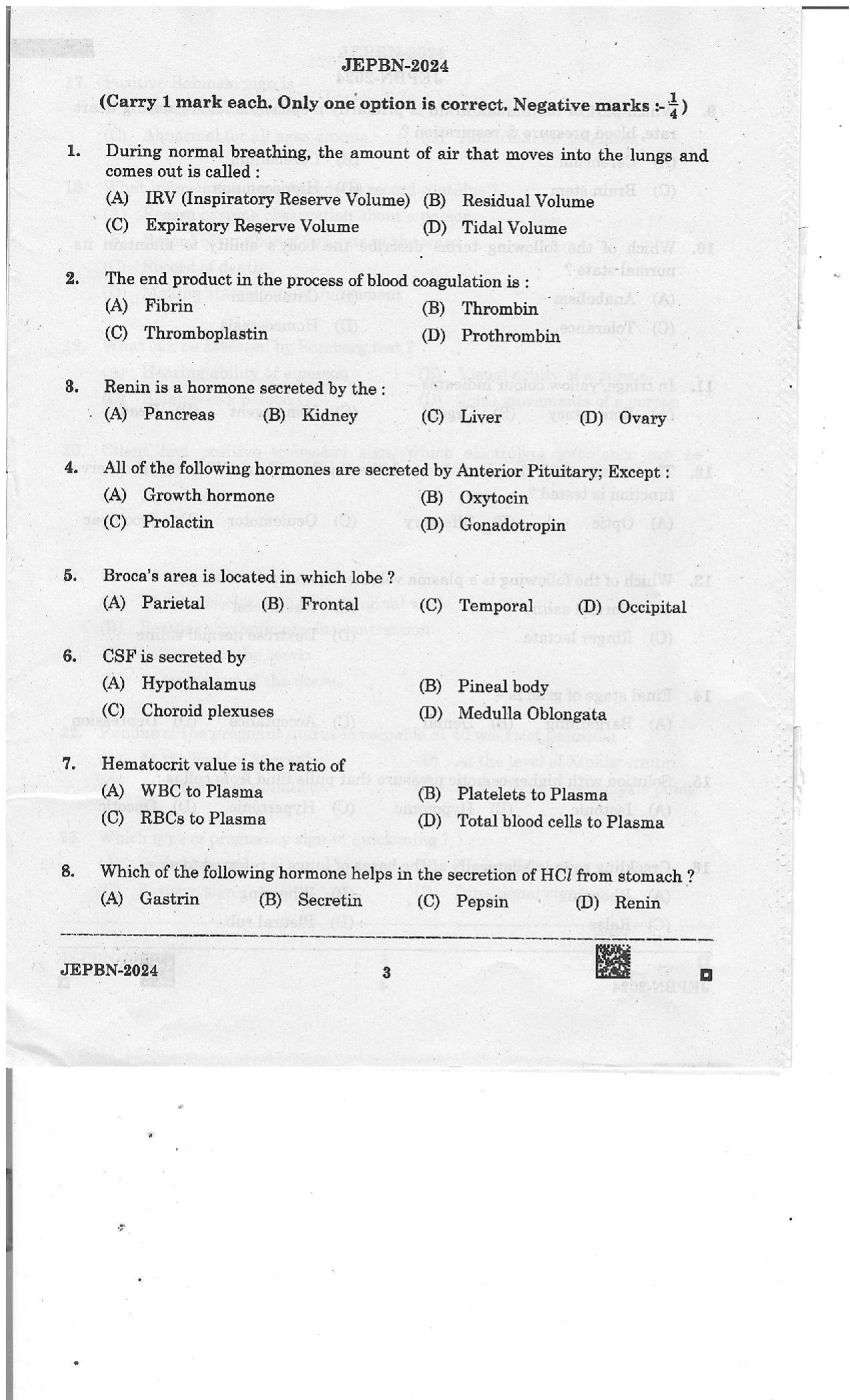 WBJEE JEPBN 2024 Question Paper - Page 3