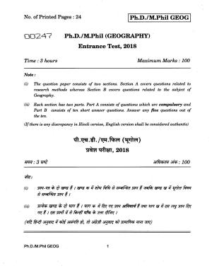 IGNOU PhD Entrance Test Ph./.M.Phil (Geography) 2018 Question Paper