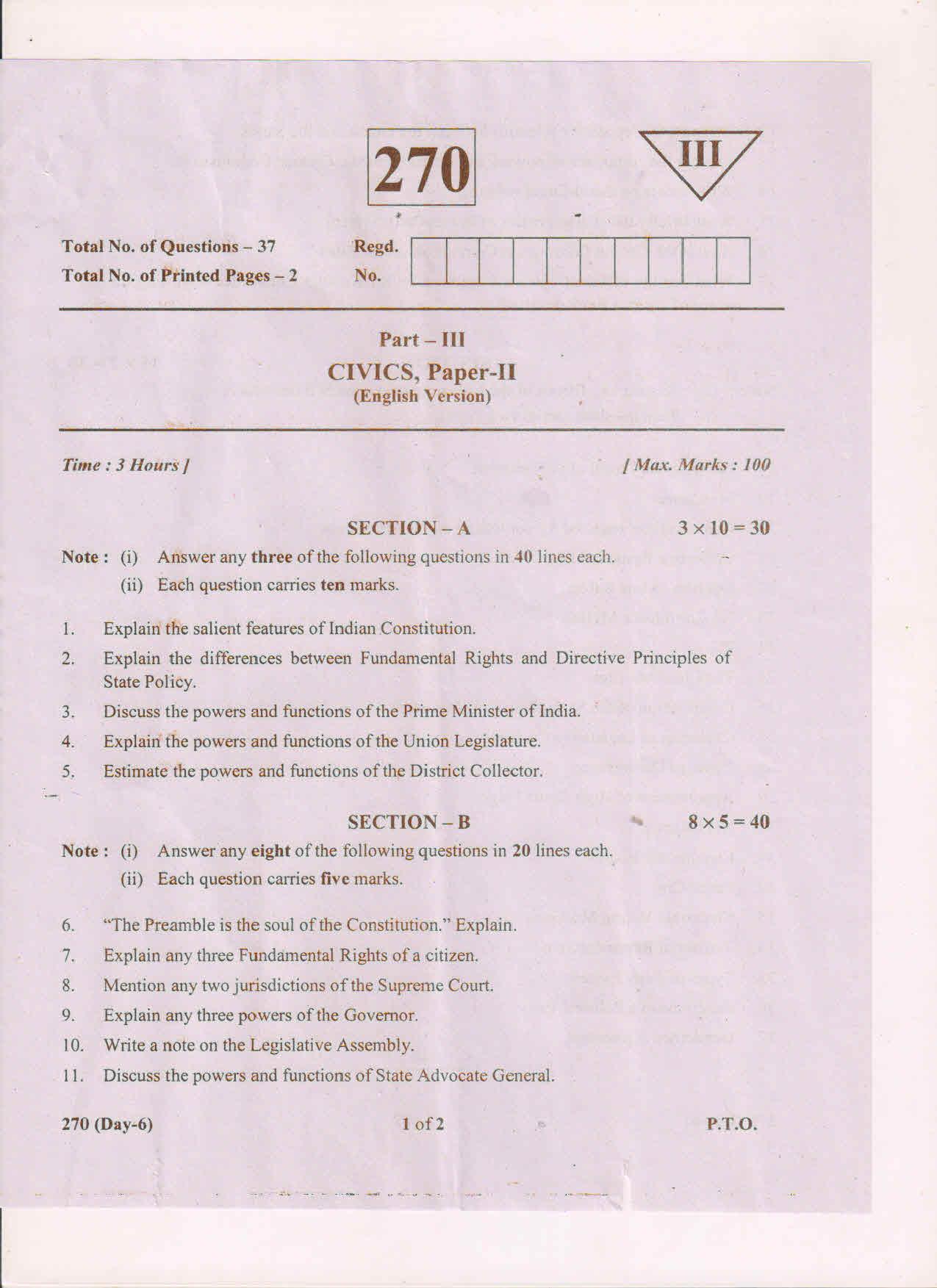 AP Inter 2nd Year Civics-II (EM) May 2018 (General) Question Paper - Page 1