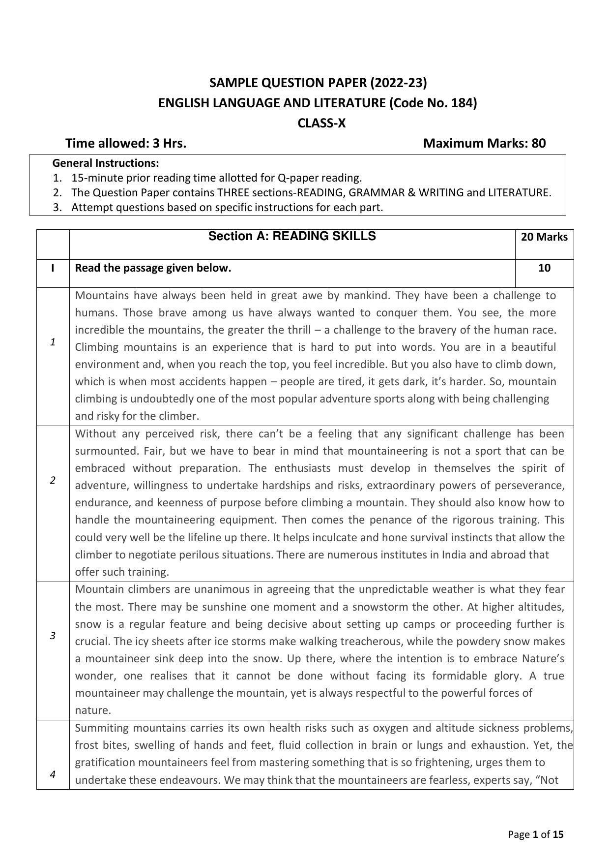 CBSE Class 10 English (Language & Literature) Sample Papers 2023 - Page 1