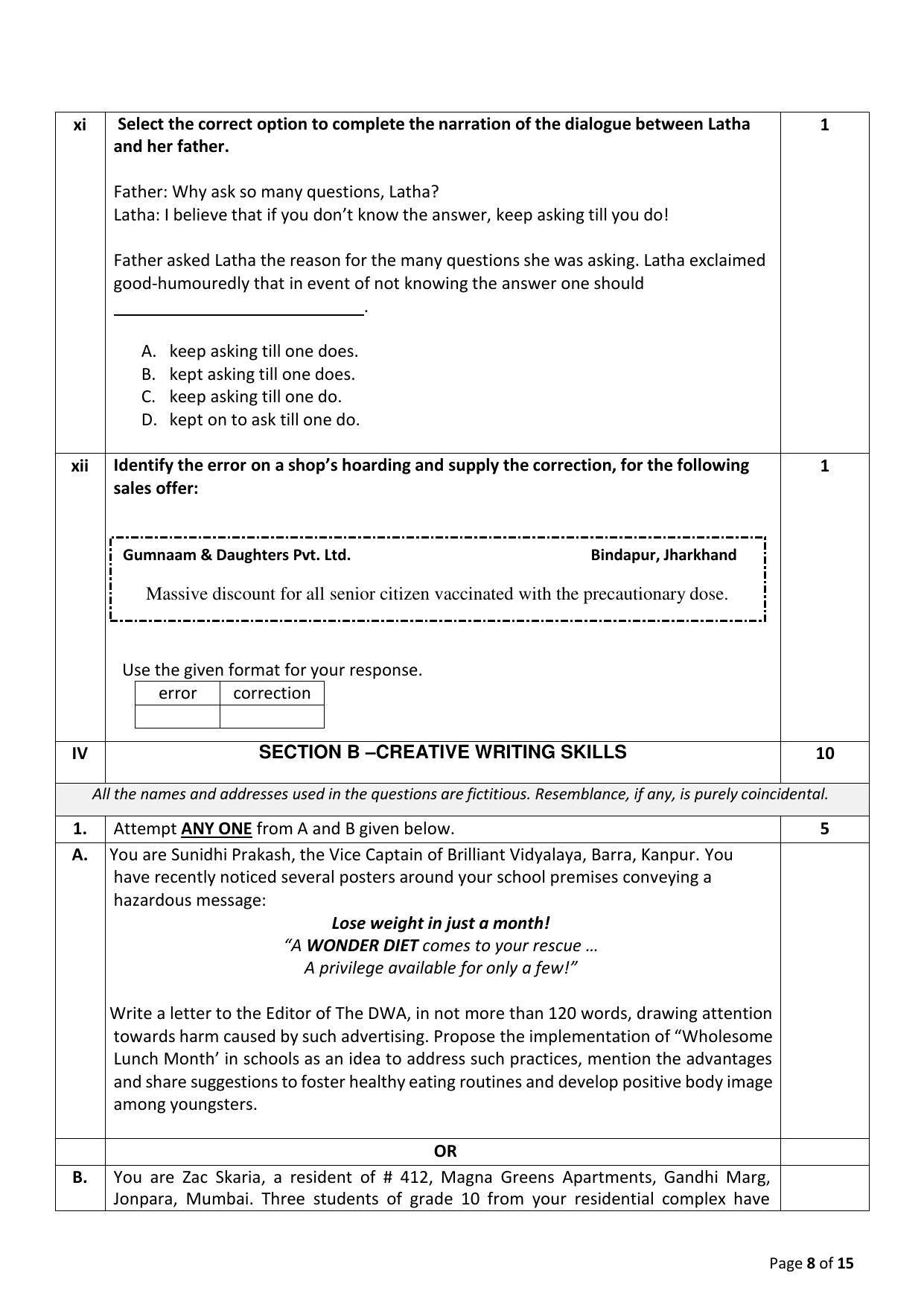 CBSE Class 10 English (Language & Literature) Sample Papers 2023 - Page 8