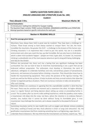 CBSE Class 10 English (Language & Literature) Sample Papers 2023
