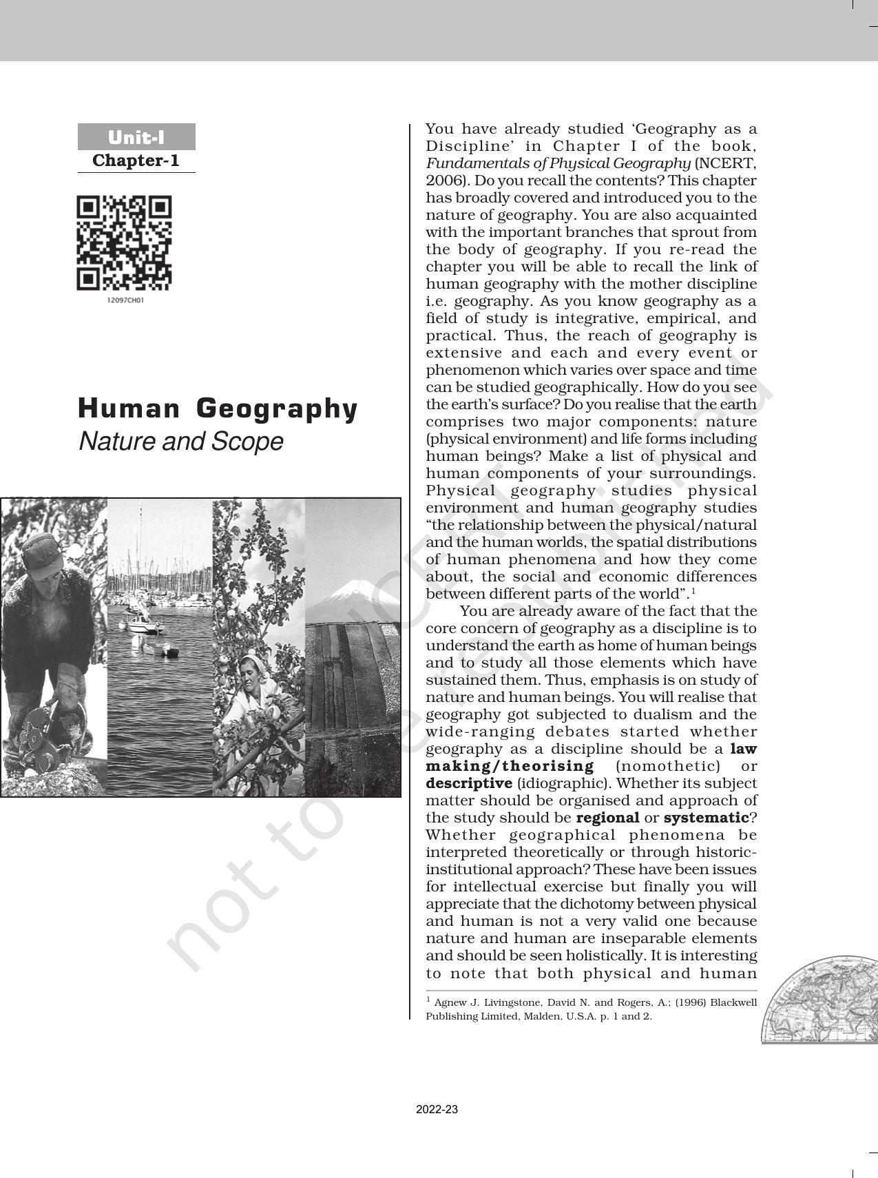 NCERT Book for Class 12 Geography (Part-1) Chapter 1 Human Geography Nature and Scope - Page 1