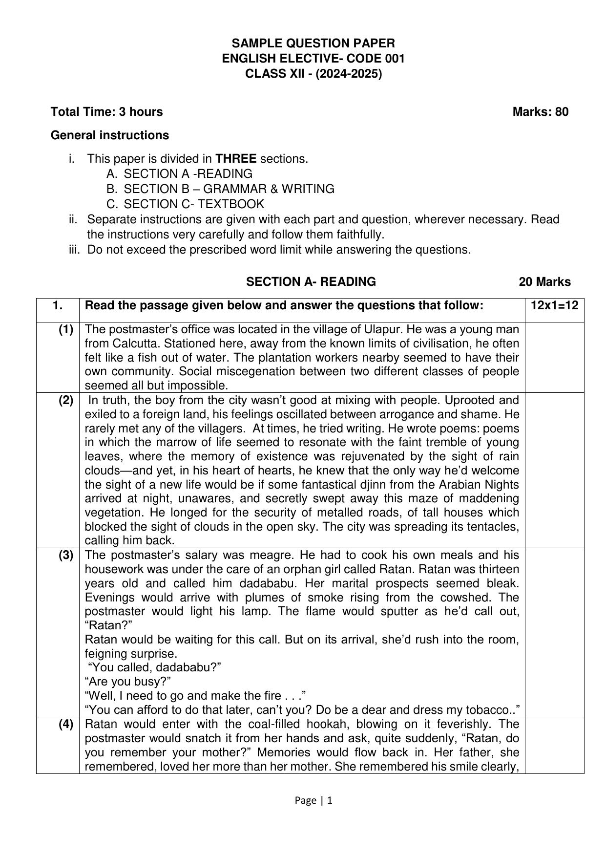 CBSE Class 12 English Elective Sample Question Paper 2024-25 - Page 1