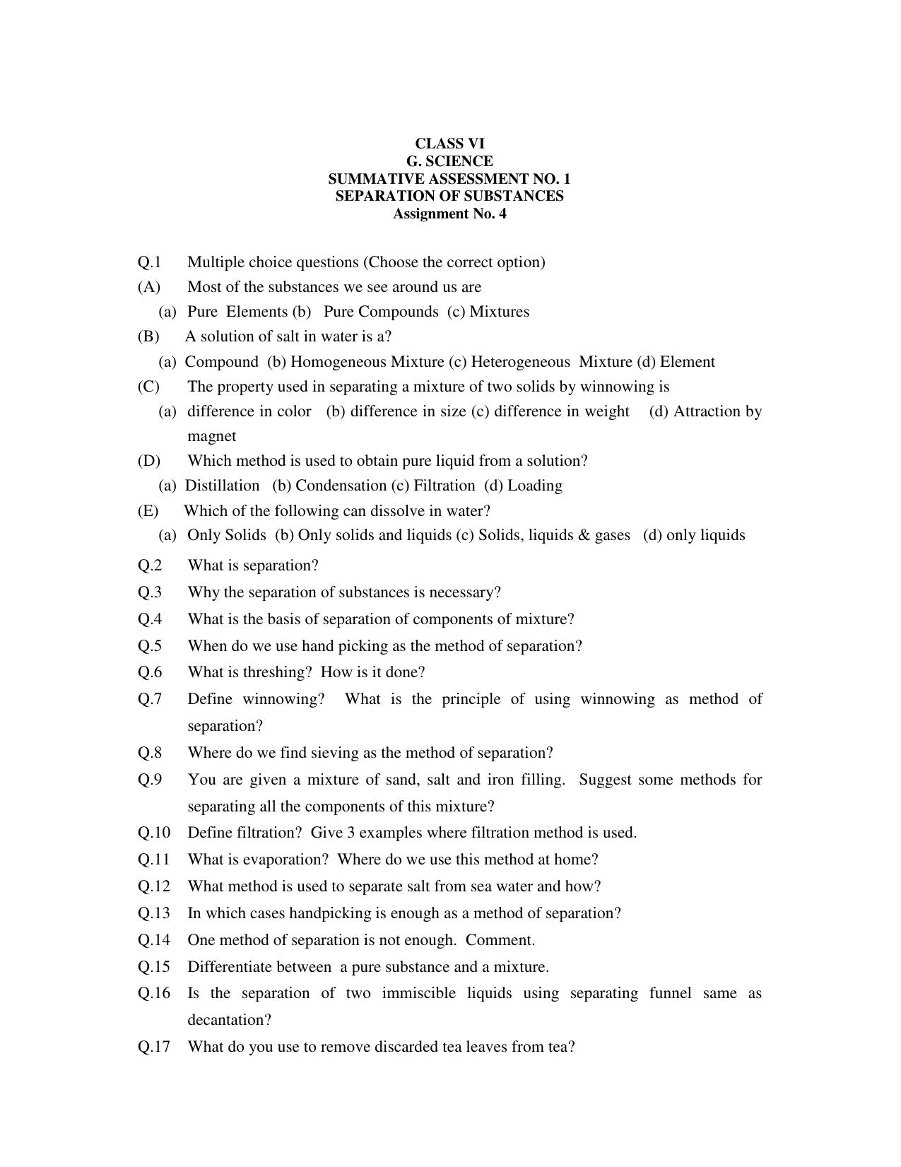 CBSE Worksheets for Class 6 General Science Assignment 1 - Page 1